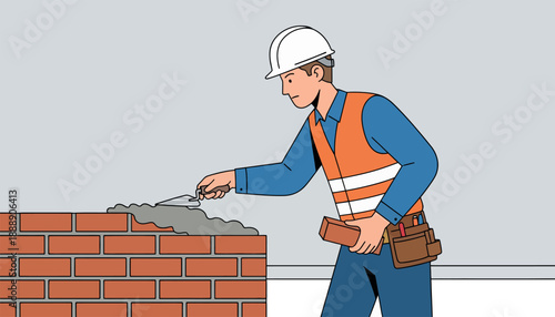 Construction worker laying bricks with trowel and safety gear