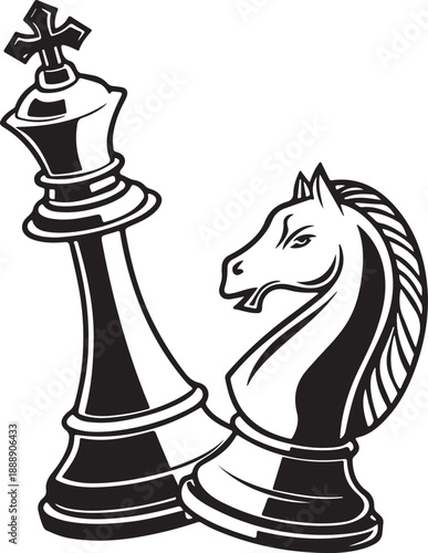 Black and White Chess King and Knight Pieces Vector Illustration