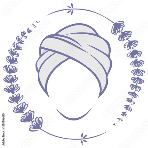 Turban Headwrap and Lavender Wreath Illustration Graphic Style Relaxed Spa Hair Care Concept
