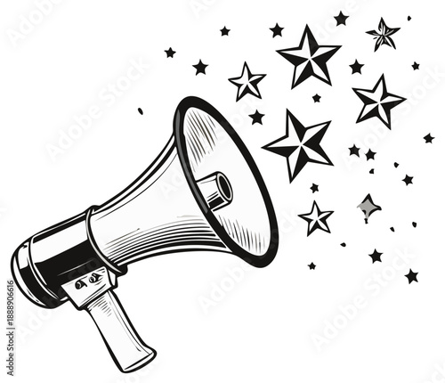 Retro megaphone broadcasting shiny stars and announcement