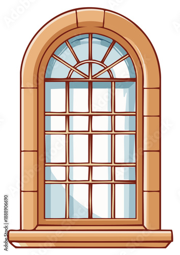 Arched window with decorative trim and glass pane patterns for architecture elements