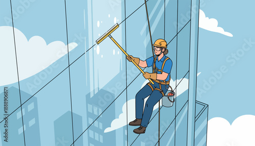 Window cleaner working high up on modern skyscraper exterior