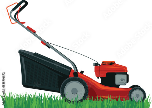 Realistic lawn mower illustration on fresh green grass, gardening and landscaping equipment concept, ideal for yard maintenance, outdoor work, and home garden care.