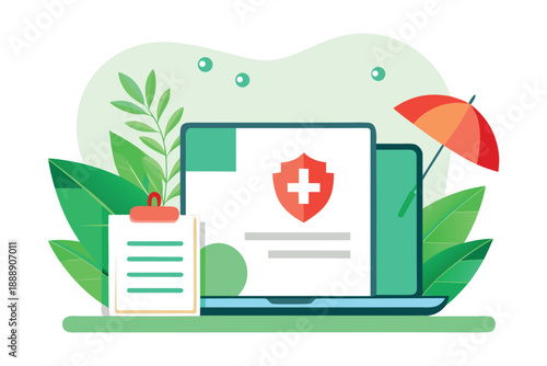 Vector illustration of laptop with medical shield and insurance documents