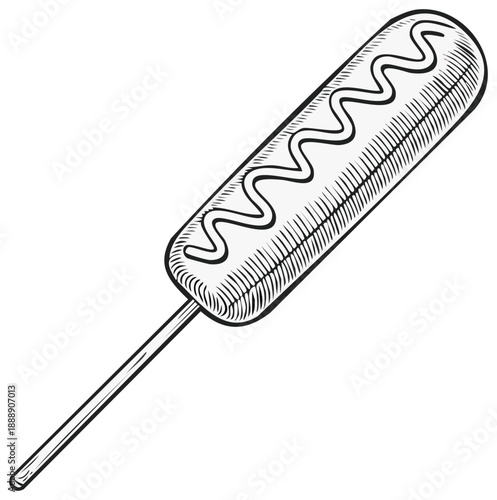 Hand Drawn Corn Dog on a Stick Topped with Squiggly Sauce Isolated Fast Food Art Style Snack