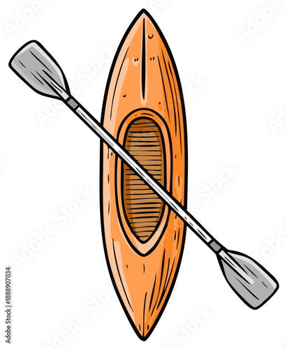 Orange kayak illustration with paddle overhead, vector design