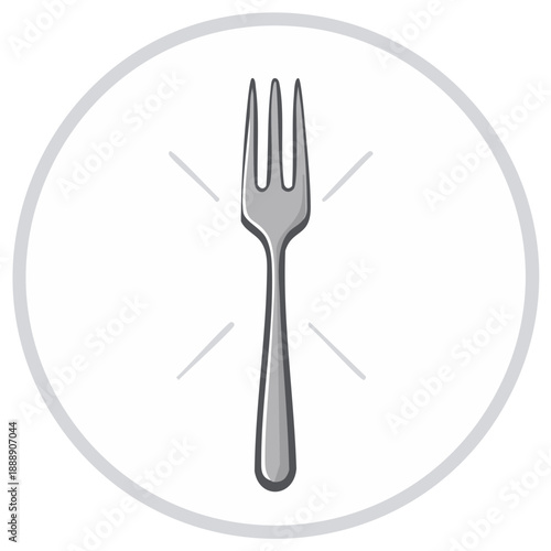 Stylized Silver Fork Isolated within a Gray Circle with Ray Details.  Meal Time Utensil. Cooking Concept.