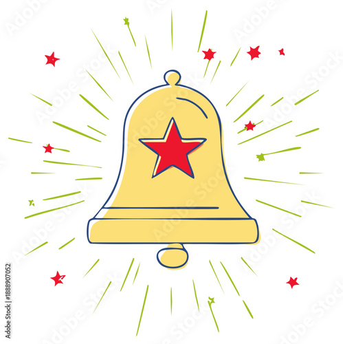 Festive bell with red star, bursts, and red stars around
