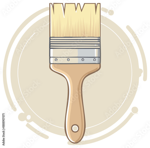 Wooden handled paint brush illustration with beige circular backdrop
