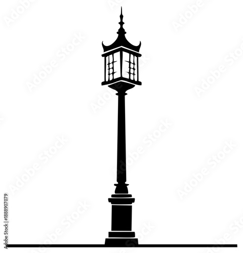 Detailed Black Silhouette of an Ornate Vintage Street Lamp with Oriental Inspired Lantern Design