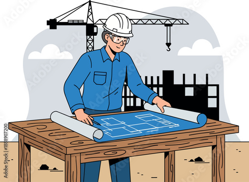 Construction worker planning project with blueprints on site