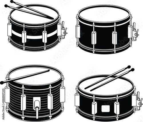 Set of snare drum illustrations with drumsticks, black and white percussion instrument collection, detailed vintage line art design isolated on white background.