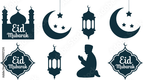 Eid Mubarak celebration elements including mosque lanterns crescent moon and praying man silhouettes isolated on transparent background silhouette design.