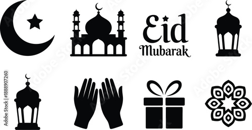 Islamic symbols and elements for Eid Mubarak celebration including mosque and lanterns and gift box on transparent background silhouette design.