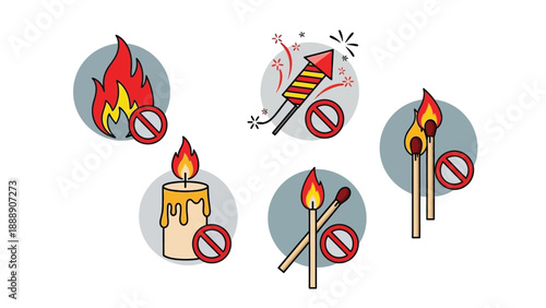Set of five simple graphic icons illustrating prohibited open flames including fire flames candles matches and fireworks for safety awareness