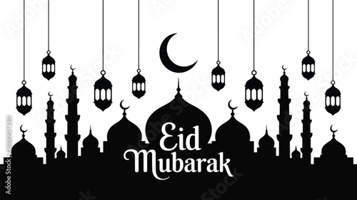 Eid Mubarak mosque silhouette with crescent moon and hanging lanterns on transparent background for Islamic celebration and greeting card design silhouette design.