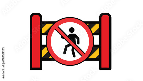 Vector illustration of a clearly visible construction barrier featuring a prominent circular prohibition sign indicating that pedestrian entry is strictly forbidden in this area
