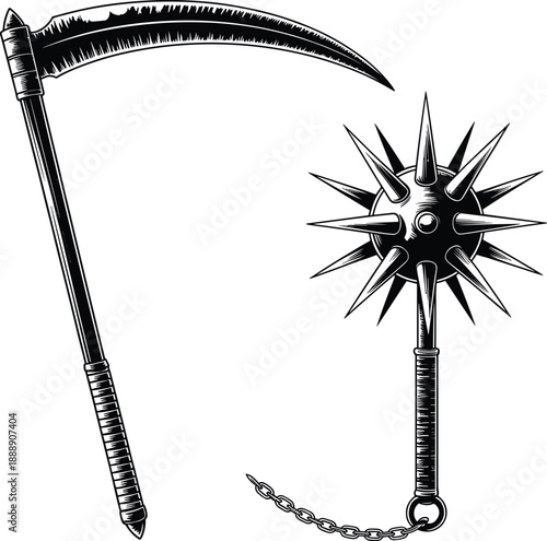 Vintage medieval weapon illustration featuring a sharp scythe and spiked mace with chain, black and white engraving style design for fantasy, history, and combat themes.