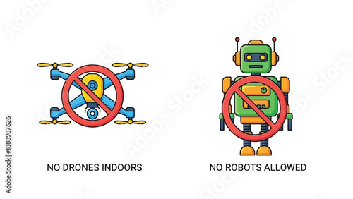 Clear graphic illustration depicting signage prohibiting the operation of drones inside buildings and the presence of robots within a restricted area emphasizing access control.