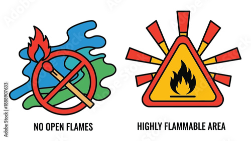 Collection of simplified safety icons illustrating warnings against open flames and denoting areas where flammable materials require extreme caution