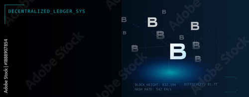 Futuristic decentralized ledger system interface featuring glowing digital blockchain icons and network data metrics on a dark tech background.