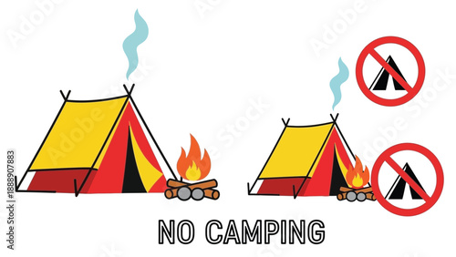 Graphic illustration clearly depicting a prominent warning sign indicating that setting up tents and building campfires is strictly prohibited in this area