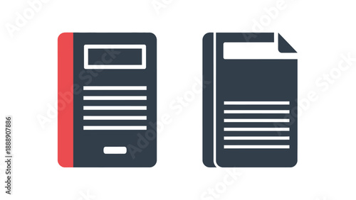 Simple flat design icons representing a notebook or journal next to a stacked document file for business and educational data management concepts
