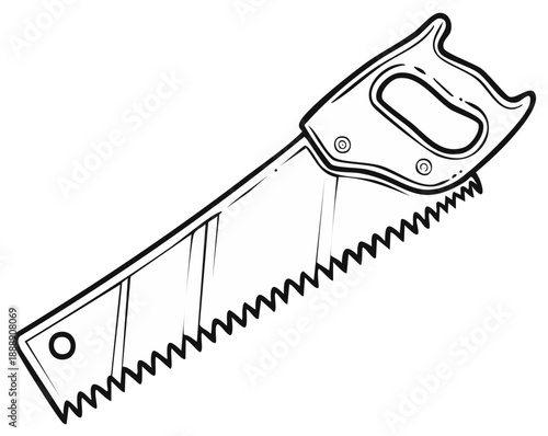 Hand saw illustration, woodworking tool graphic in outline style, for carpentry and construction.