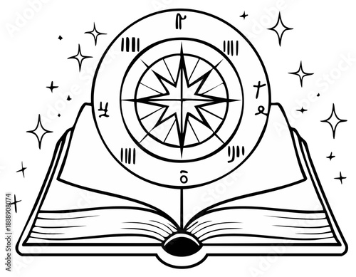 Open book with celestial navigation dial adorned with astrological symbols and sparkling stars