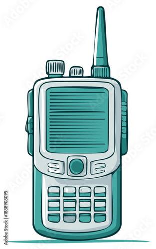 Handheld two-way radio communicator with antenna and keypad, communication device illustration
