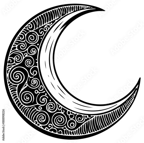Crescent Moon Illustration with Swirls and Lines Black and White Space Theme