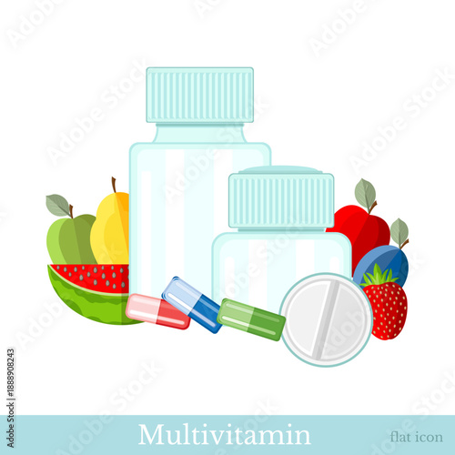 Flat vector illustration of dietary supplements and vitamins. Plastic jars with fruits and capsules, healthy nutrition and wellness concept