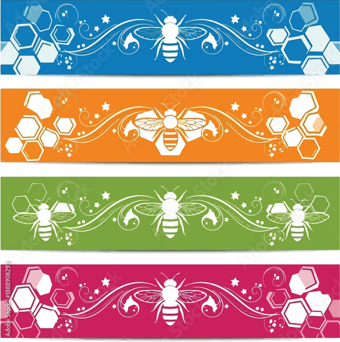 Colorful Bee Themed Graphic Banners with Floral Elements for Eco-Friendly Projects