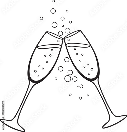 Black and White Line Art of Champagne Glasses Toasting with Bubbles
