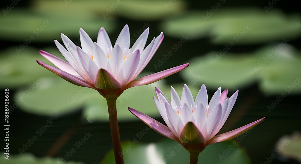 Fototapeta premium Pink lotus water lily blooming on calm pond water surrounded by green leaves