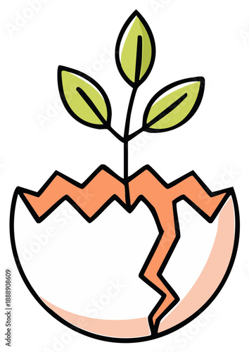 Cracked eggshell containing growing green seedling illustration, new life and beginning, development in springtime