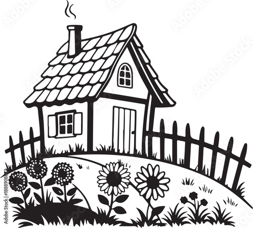 Hand-drawn black and white cartoon cottage illustration with picket fence and flowers.