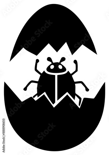 Black ladybug insect emerging from a cracked Easter egg silhouette