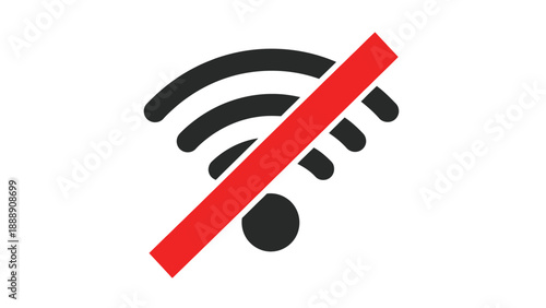 Simple graphic icon clearly illustrating a complete absence of wireless internet connection signal symbolized by a barred wifi symbol