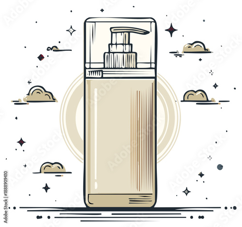 Stylized cosmetic dispenser bottle with a pump and decorative clouds and stars surrounding it