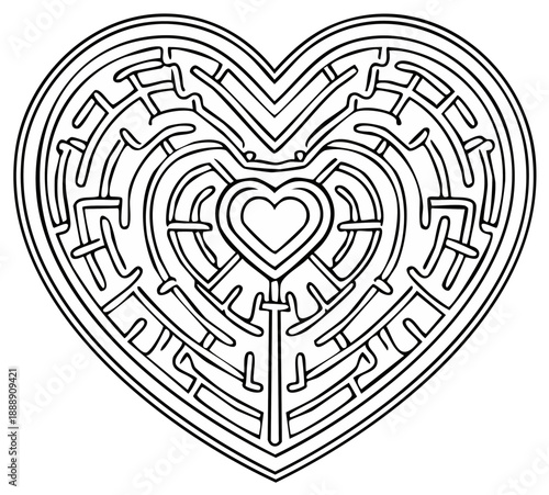 Intricate heart-shaped maze drawing featuring interconnected pathways and nested smaller hearts symbolizing love challenge puzzles, and complex routes