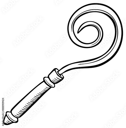 Ornate crook staff with a curled shepherd's hook end black and white illustration