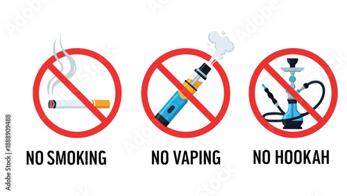 Clear prohibition signs indicating no smoking no vaping and no hookah use across public or private indoor settings for health safety compliance