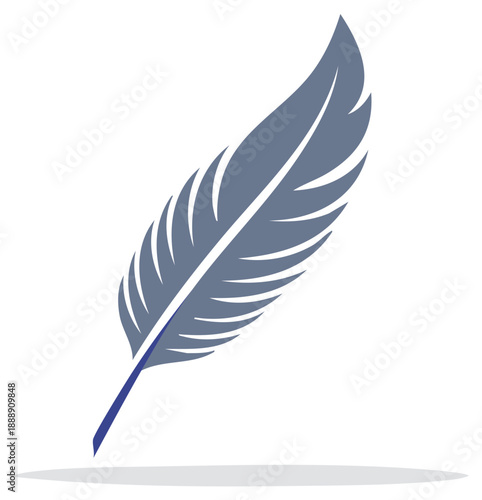 Stylized Blue Feather with a Dark Blue Quill Against a White Background