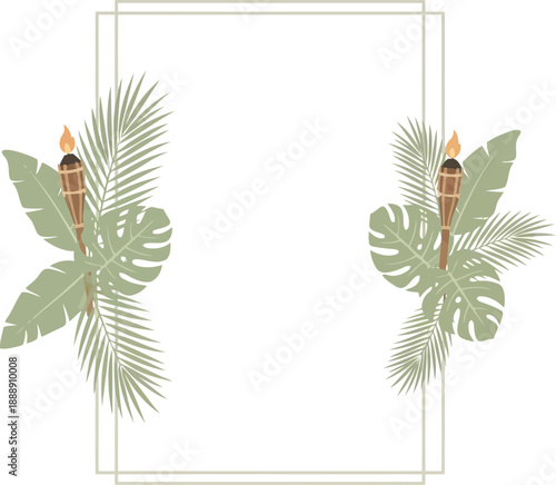 Tropical Invitation Frame with Palm Leaves and Tiki Torches