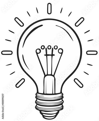 Black and White Outline Drawing of a Lit Light Bulb Representing Innovation and Inspiration