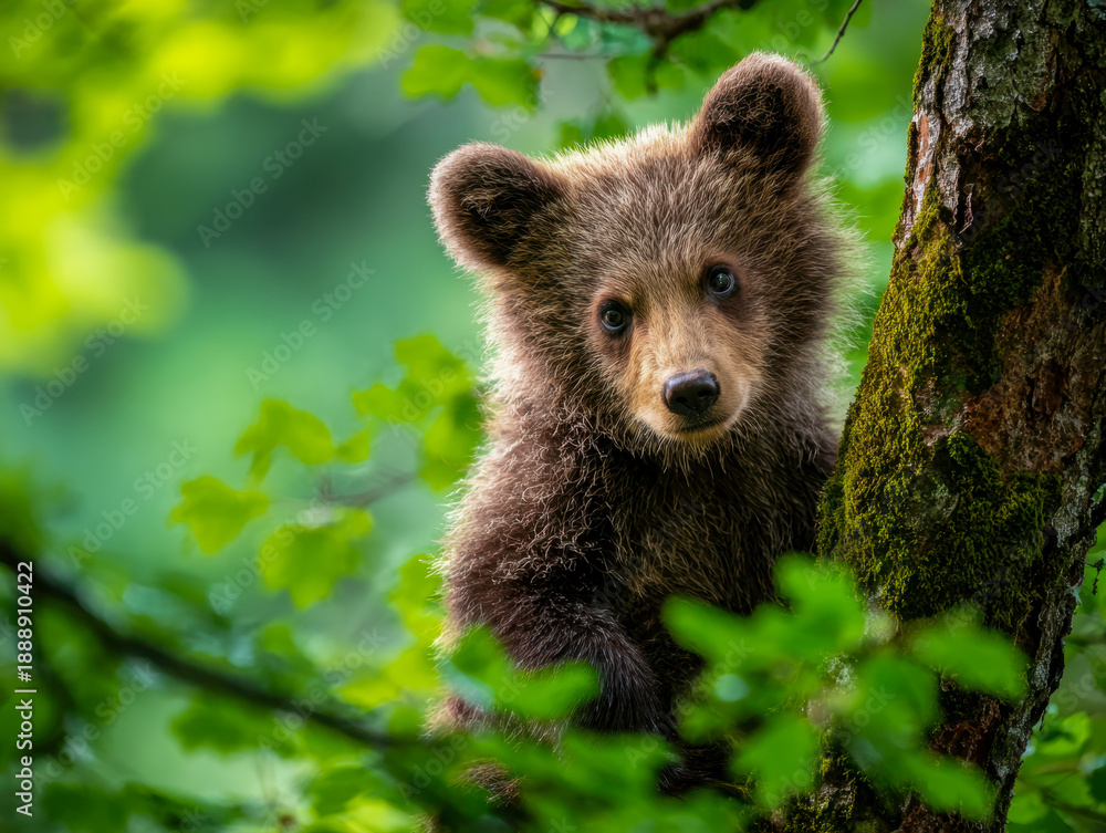 Fototapeta premium Curious young brown bear cub peeking from behind a moss-covered tree surrounded by vibrant green leaves in a lush forest during daylight