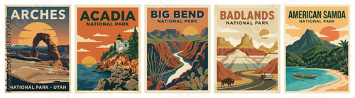 Vintage national park poster set. Arches, Acadia, Big Bend, Badlands, American Samoa. Flat vector travel landscape illustrations. Retro wall art collection