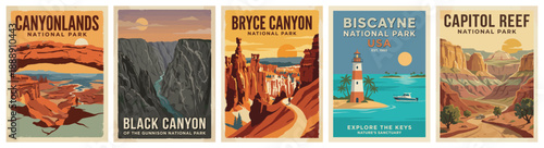 Vintage national park poster set. Canyonlands, Black Canyon of the Gunnison, Bryce Canyon, Biscayne, Capitol Reef. Flat vector travel landscape illustrations. Retro wall art collection