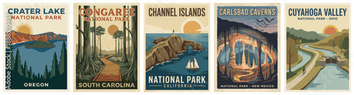 Vintage national park poster set. Crater Lake, Congaree, Channel Islands, Carlsbad Caverns, Cuyahoga Valley. Flat vector travel landscape illustrations. Retro wall art collection